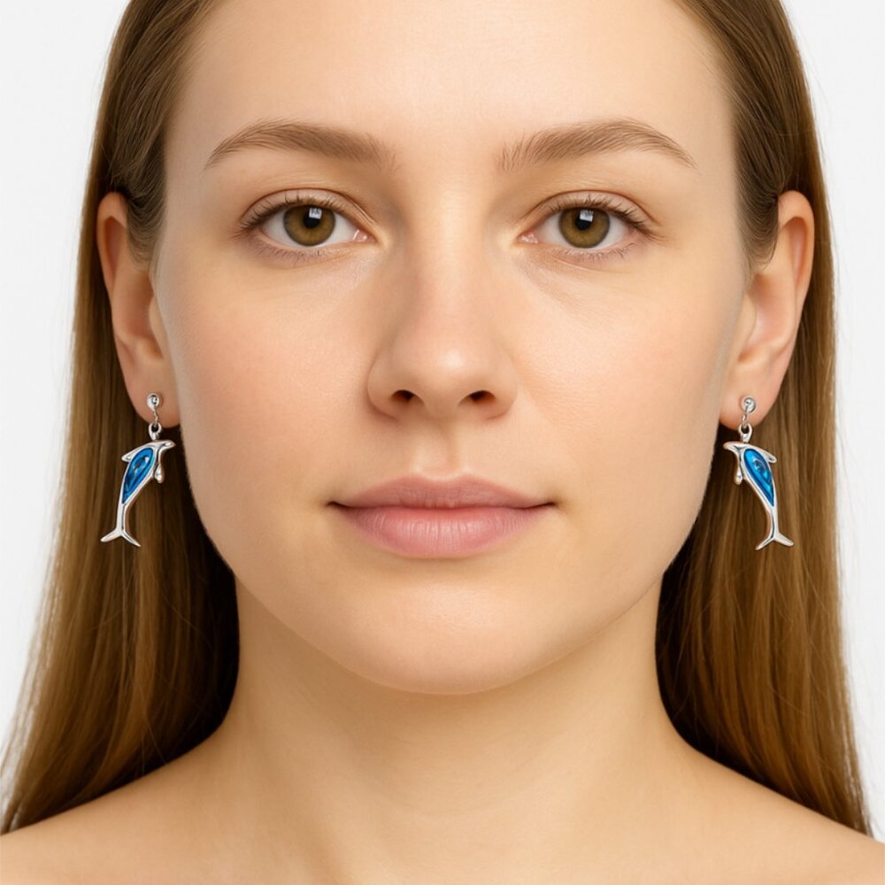 Silver Plated Dolphin Drop Earrings | Blue Abalone Inlay | Pierced Studs - Picture 7 of 9